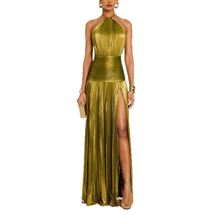 Sexy Pleated Halter Neck Long Dresses Summer Split Sleeveless Dress Evening Party Club Women's Clothing by Ricaloux