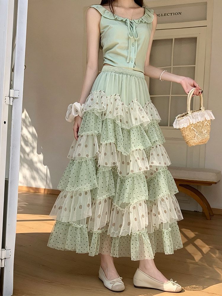 Ethereal Chiffon Puff Polka-dot Skirt by Ricaloux