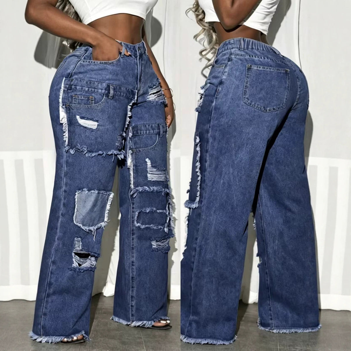American-style Street-styled Distressed-look Denim Jeans by Ricaloux