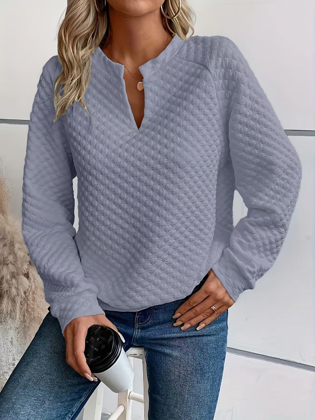 Womens Solid-Color Deep V-Neck Spliced Long-Sleeve Top by Ricaloux