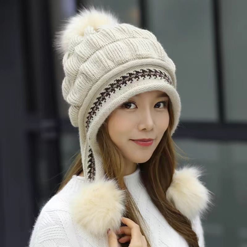 Cozy Knit Fleece-Feel Beanie With Ear Flaps & Pompom Warm Winter Hat For Women Perfect For Skiing & Outdoor Activities - RICALOUX