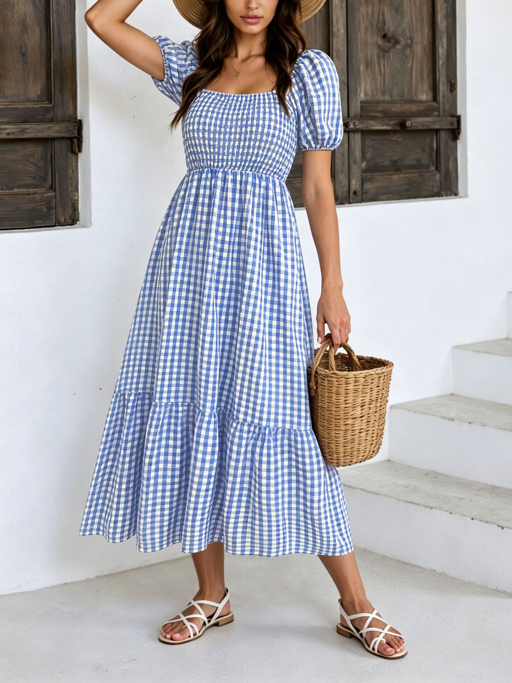 Women's Gingham Puff Sleeve Square Neck Smocked Tiered Maxi Dress - Casual Summer Beach Dress – Premium 4 | RICALOUX