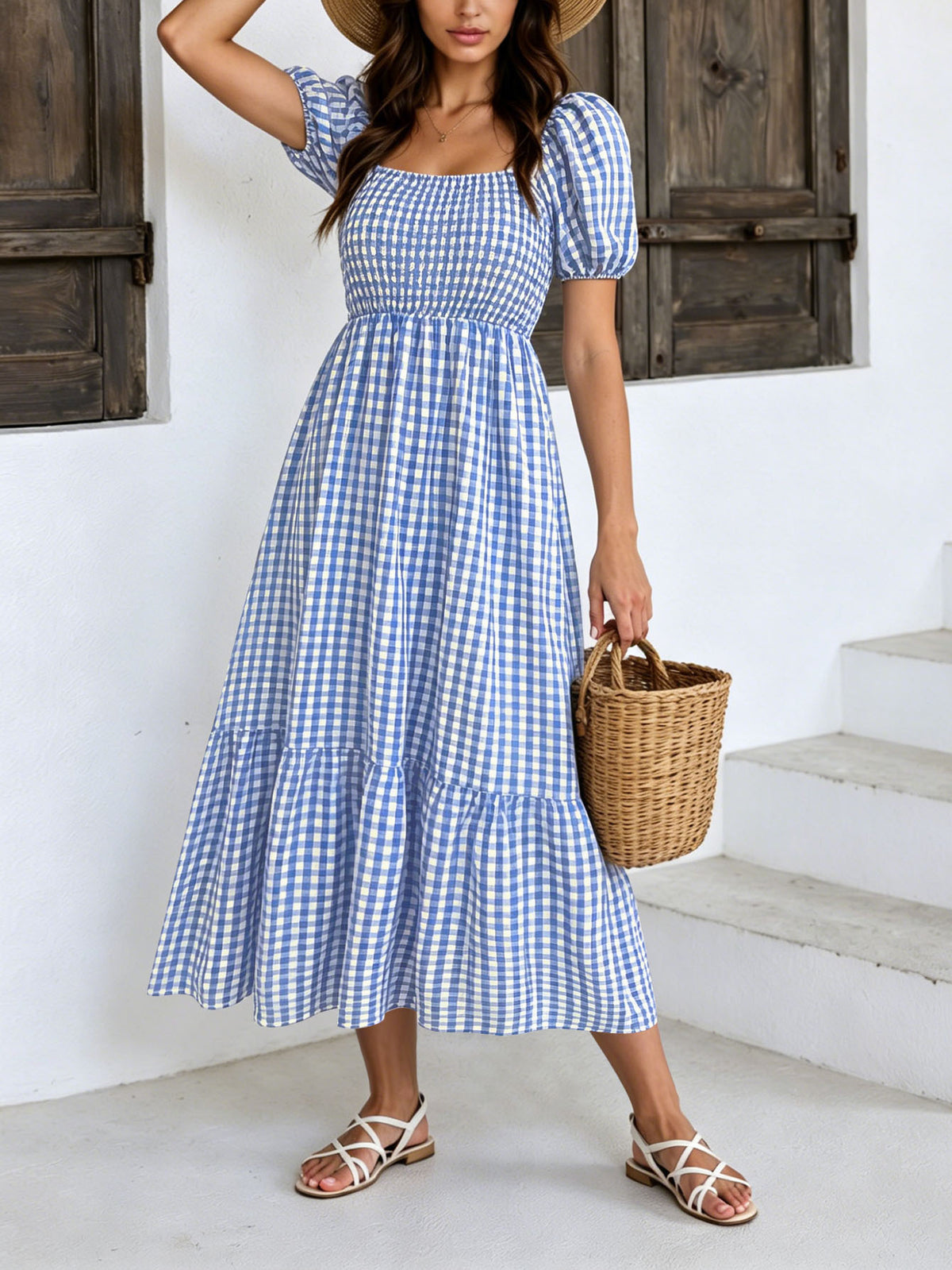 Women's Gingham Puff Sleeve Square Neck Smocked Tiered Maxi Dress - Casual Summer Beach Dress – Premium 4 | RICALOUX