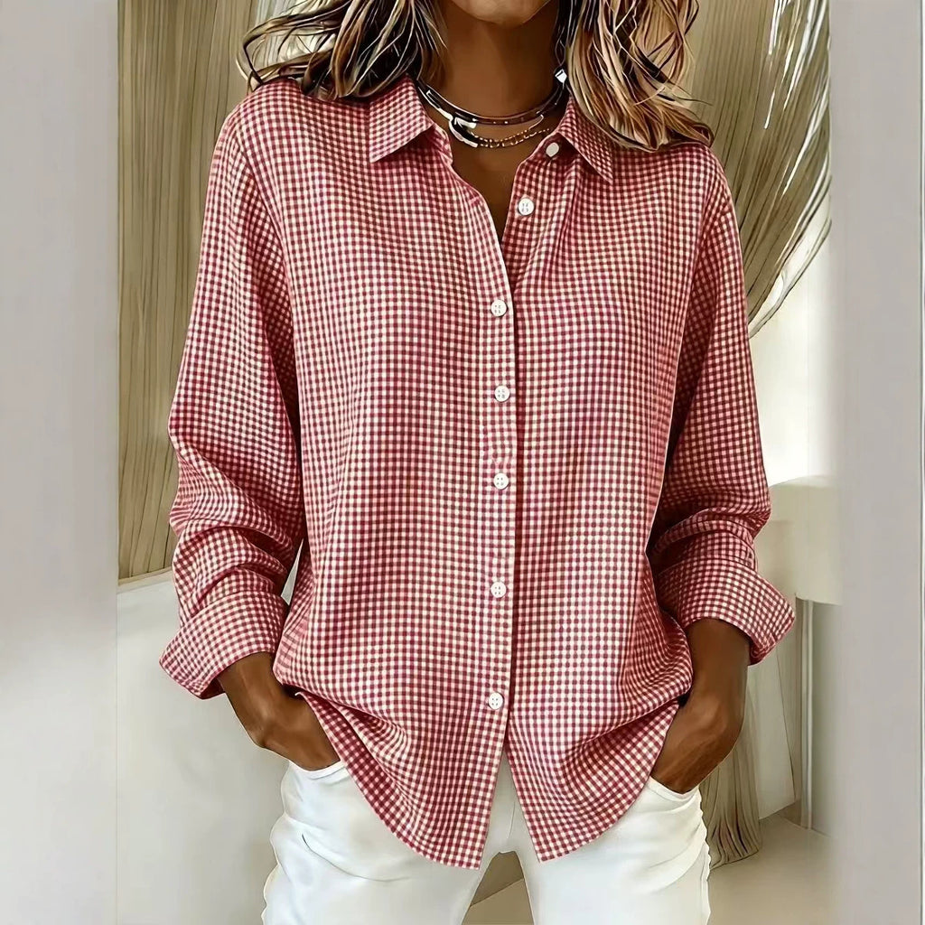 Versatile Lapel-collar Long-sleeve Plaid Shirt by Ricaloux
