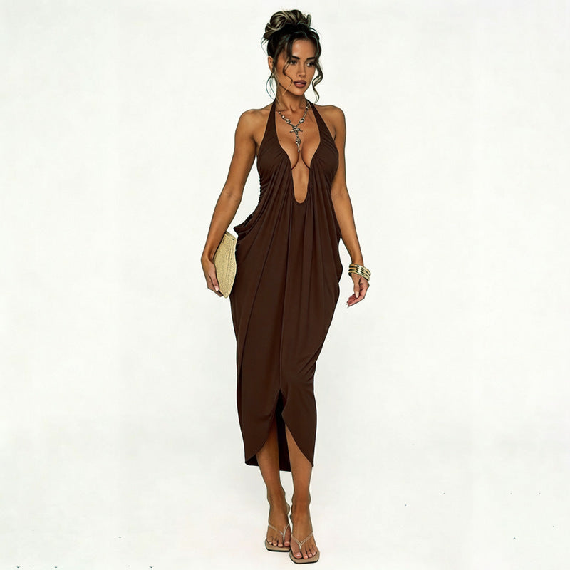 Womens SummerAutumn New Arrival Solid-Color Sexy Halter Deep-V Backless Dress by Ricaloux