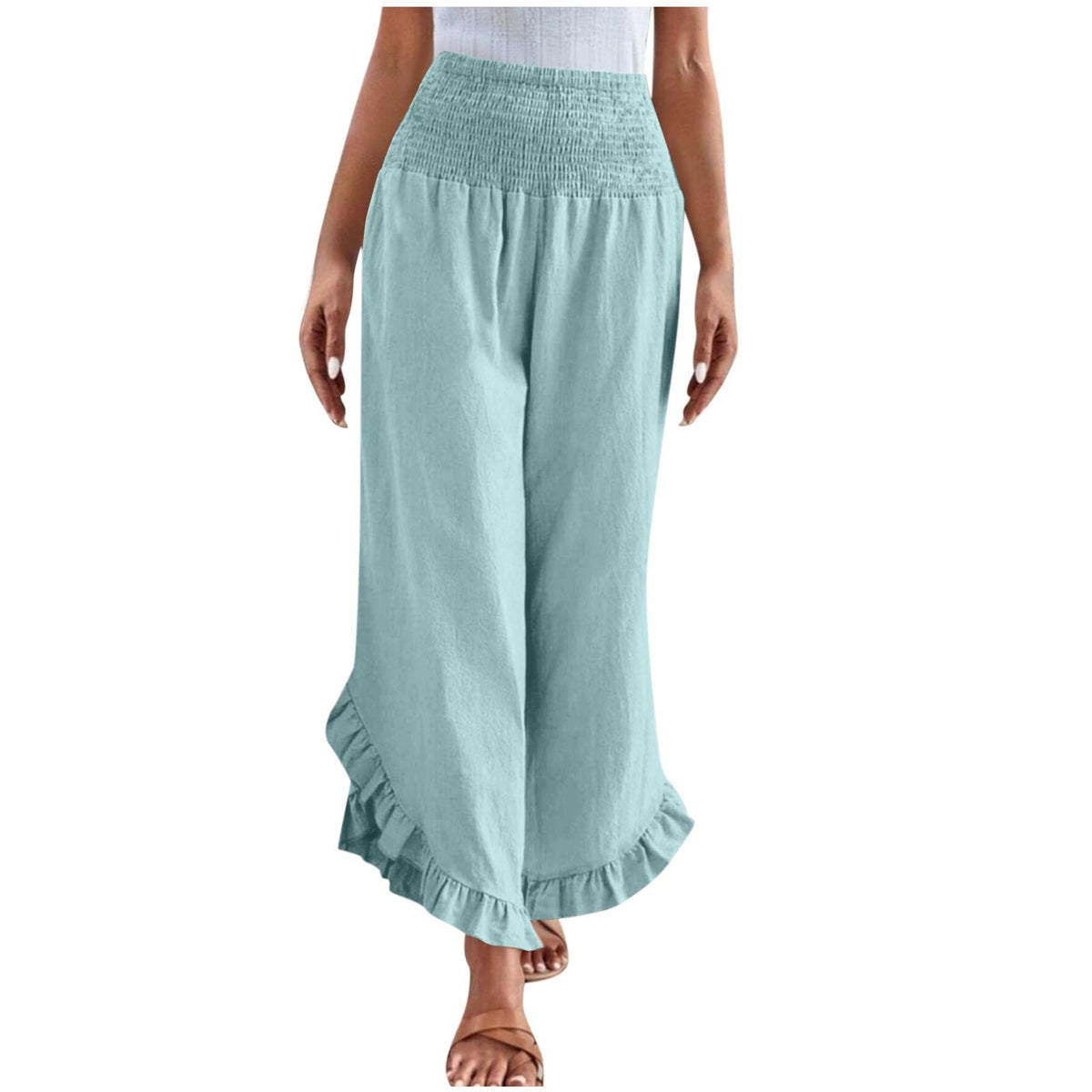 Womens High-waisted Asymmetrical-hem Cotton-linen Relaxed-fit Casual Pants by Ricaloux