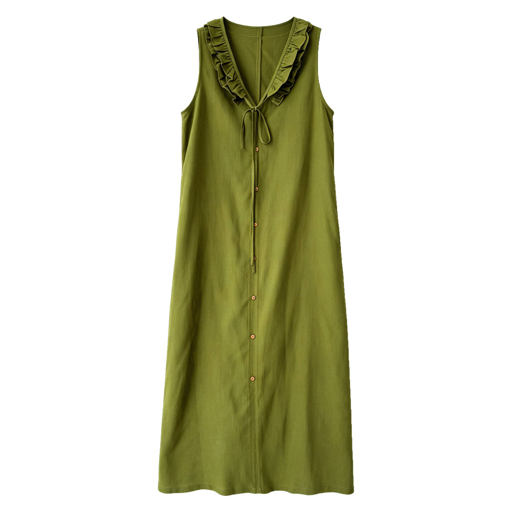 Womens Sleeveless V-Neck Dress With Ruffle Trim by Ricaloux