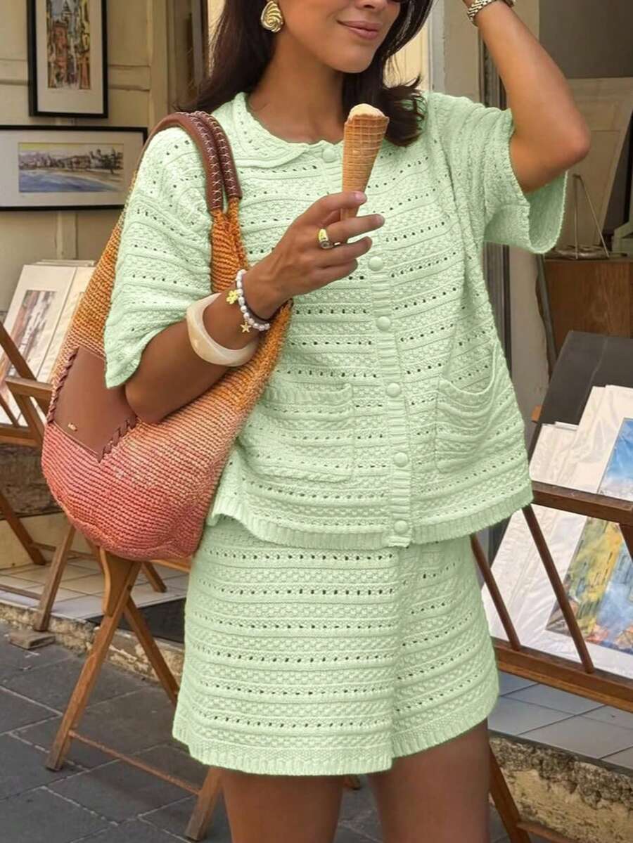 Short-sleeved Solid-color Knitted Cardigan And Shorts 2-piece Set by Ricaloux