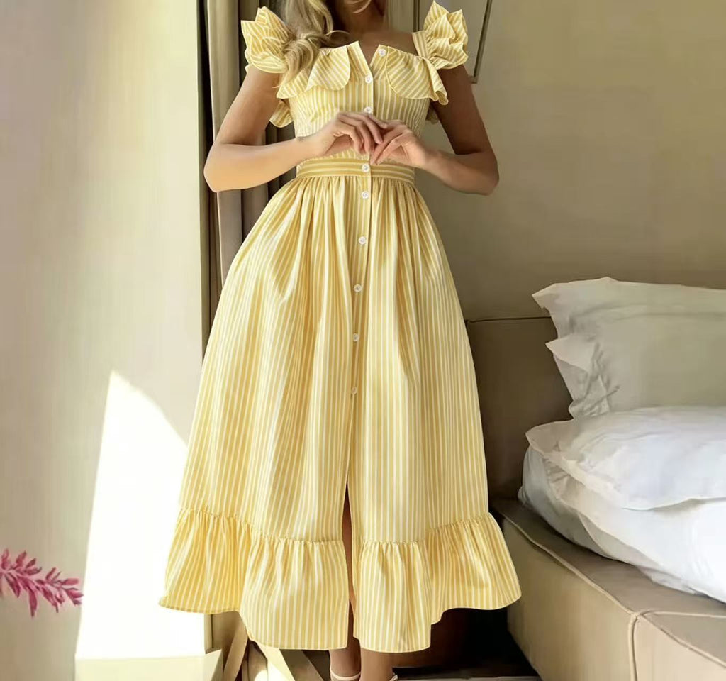 Buttoned Striped Dress With Puff Sleeves And Ruffled Hem by Ricaloux