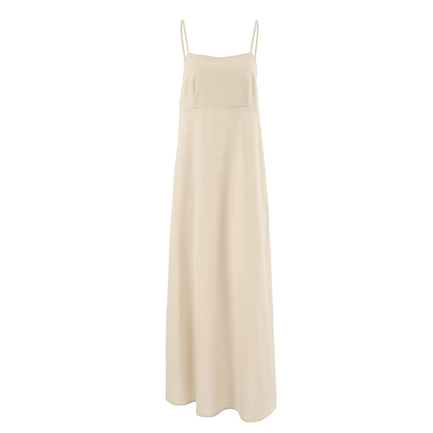 Womens Cotton-linen Strap Backless Dress – Premium 0 | RICALOUX
