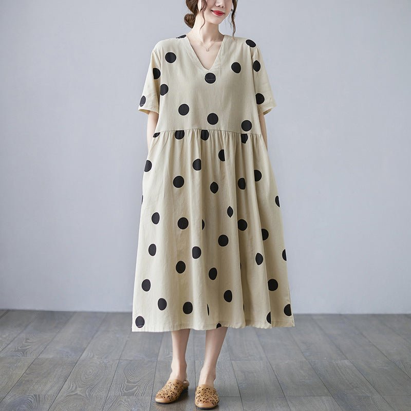 Loose-paneled Cotton And Linen V-neck Short-sleeved Dress - RICALOUX