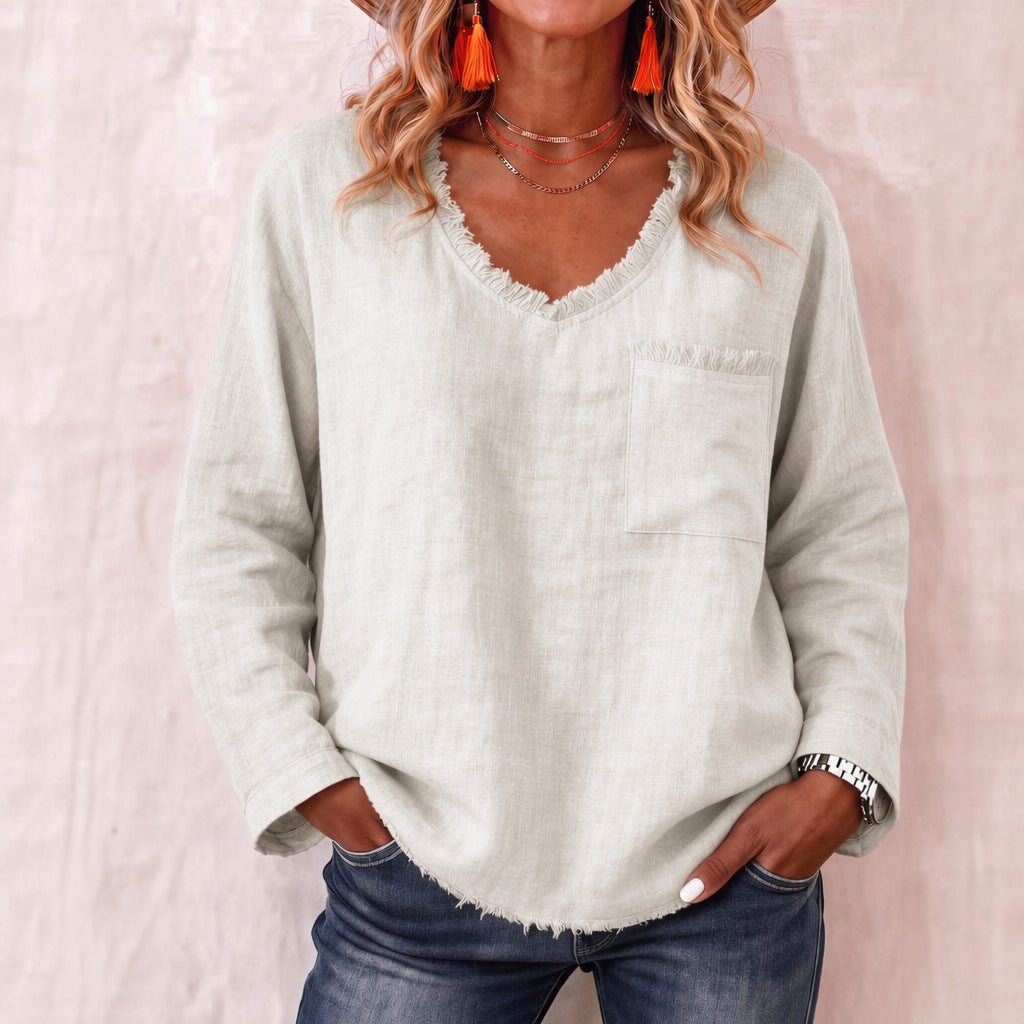 Loose-fit V-neck Long-sleeve Solid-color Casual Top For Women by Ricaloux