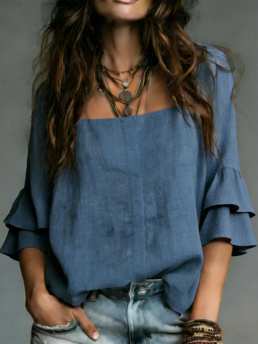 Square-neck Flared Three-quarter-sleeve Casual Shirt by Ricaloux