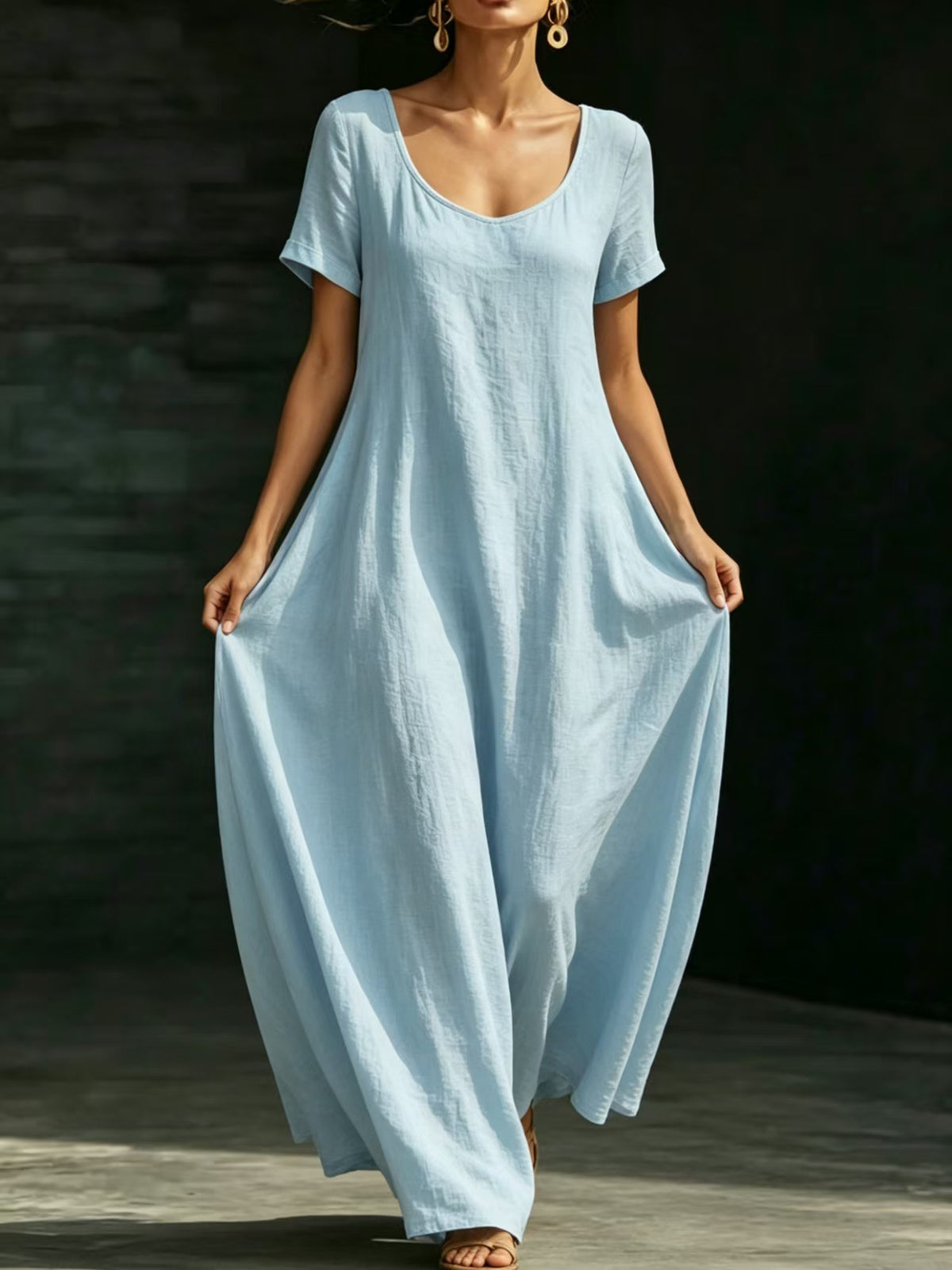 Summer U-Neck Short Sleeve Flowy Maxi Dress - Casual Solid Color Women's Loose Dress Summer Dress For Women by Ricaloux