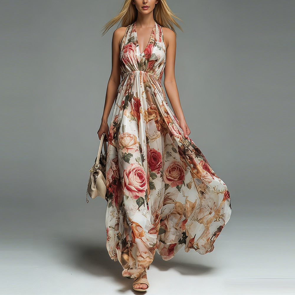 V-neck Halter-print Casual Dress Long Skirt by Ricaloux