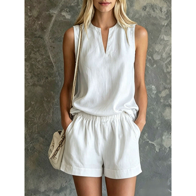 Casual Commuter Cotton-Linen V-Neck Sleeveless Top And Shorts Two-Piece Set by Ricaloux