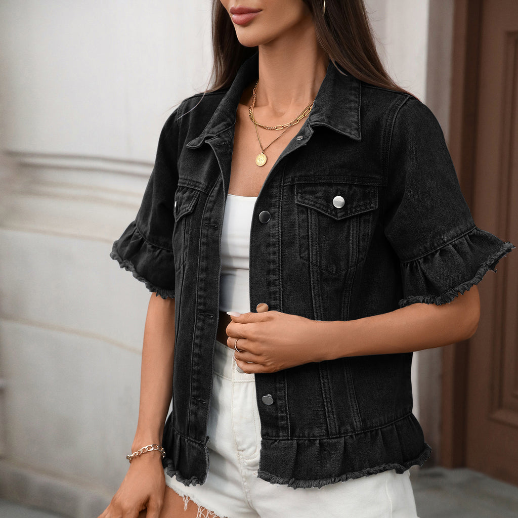 Washed American-style Chic WISH Fringed-hem Short-sleeve Denim Jacket by Ricaloux