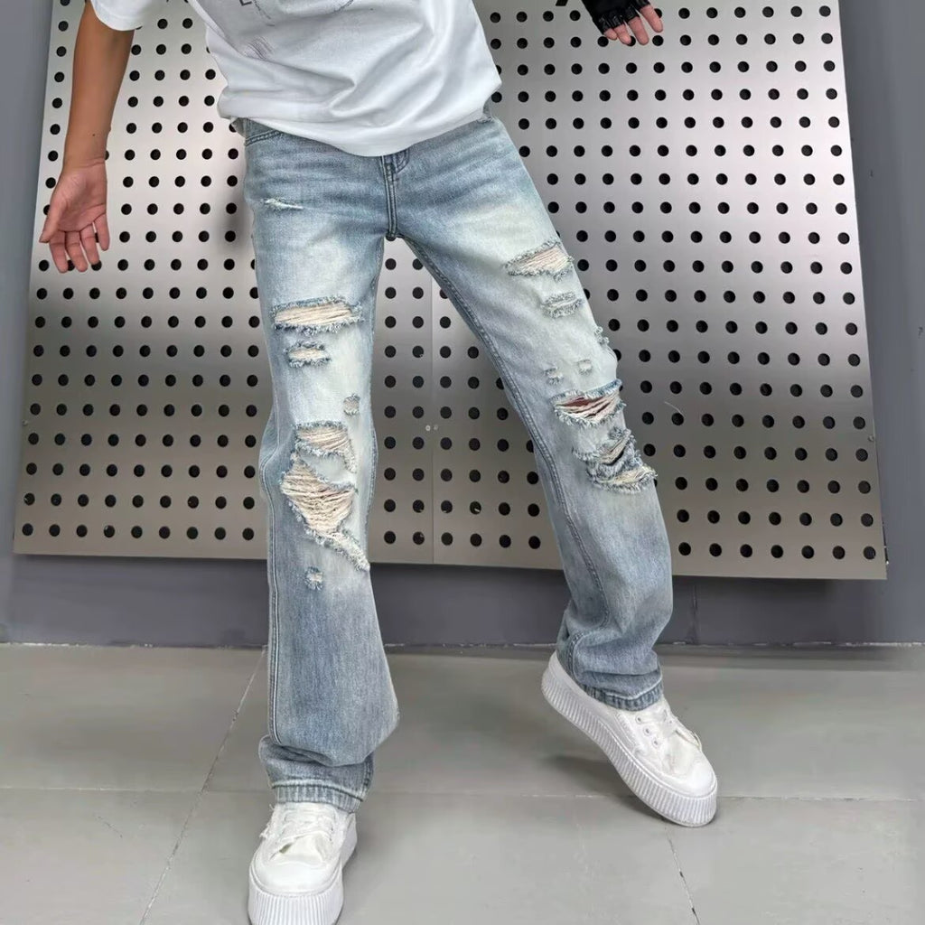 Fumei Personalized Perforated Design Denim Casual Versatile High Street Straight Leg Pants – Premium 0 | RICALOUX
