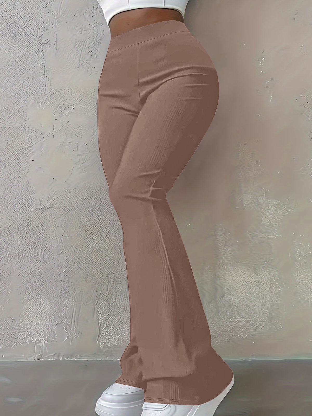 Womens Casual Simple Stylish Slim-Fit Ribbed Solid-Color High-Waisted Trousers by Ricaloux
