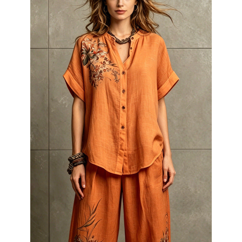 Short-sleeve Top And Wide-leg Pants Casual Two-piece Set by Ricaloux