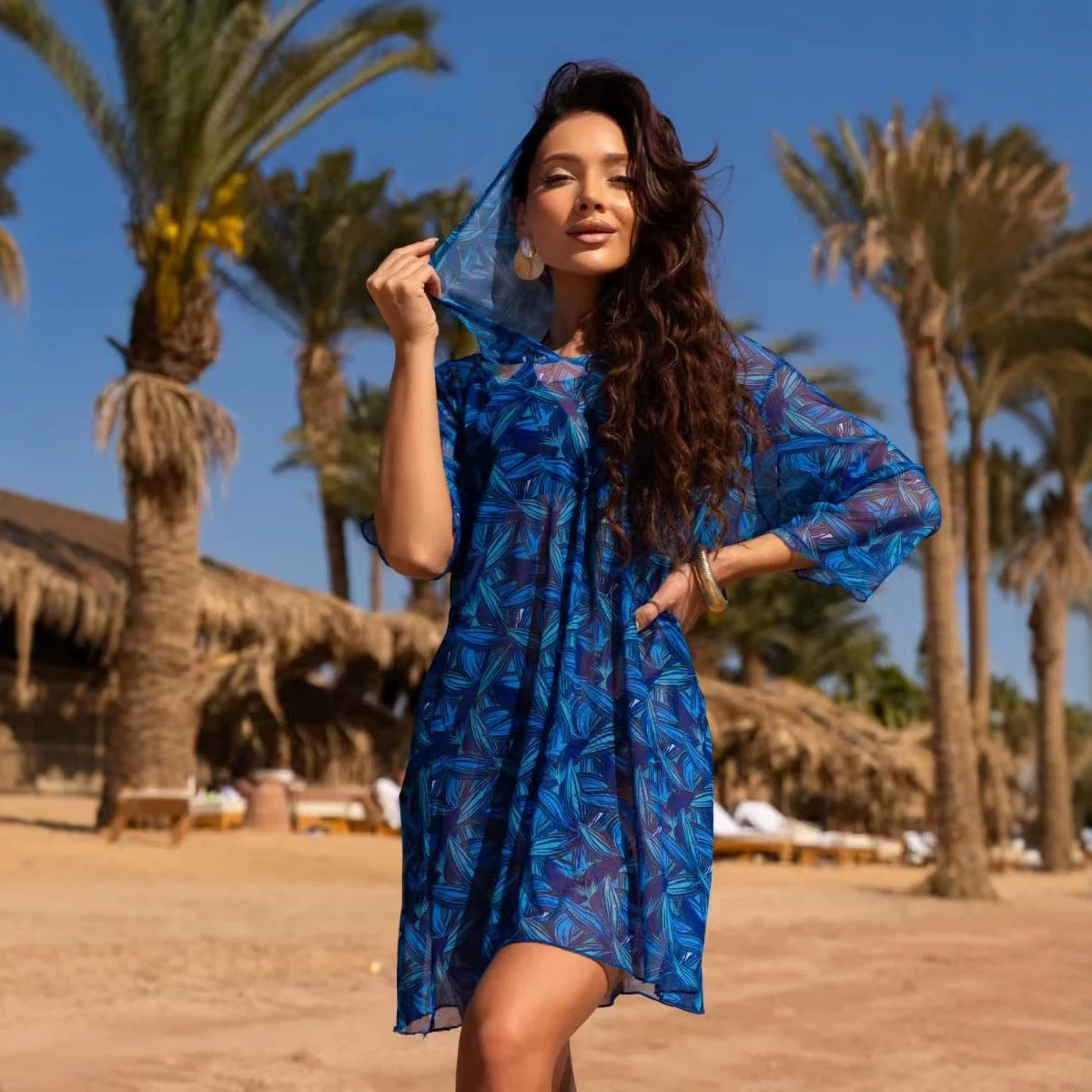Printed Beach Three Quarter Sleeve One Piece Swimsuit Cover Up by Ricaloux