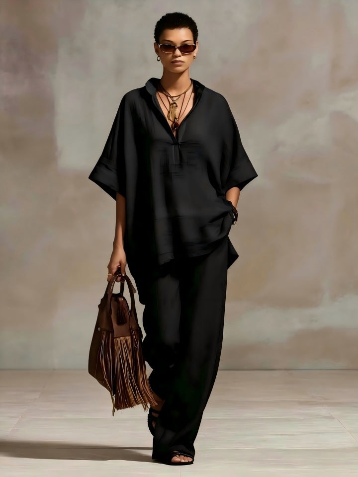 Womens Casual Loose-fitting Solid-color Shirt And Wide-leg Pants Set – Premium 0 | RICALOUX