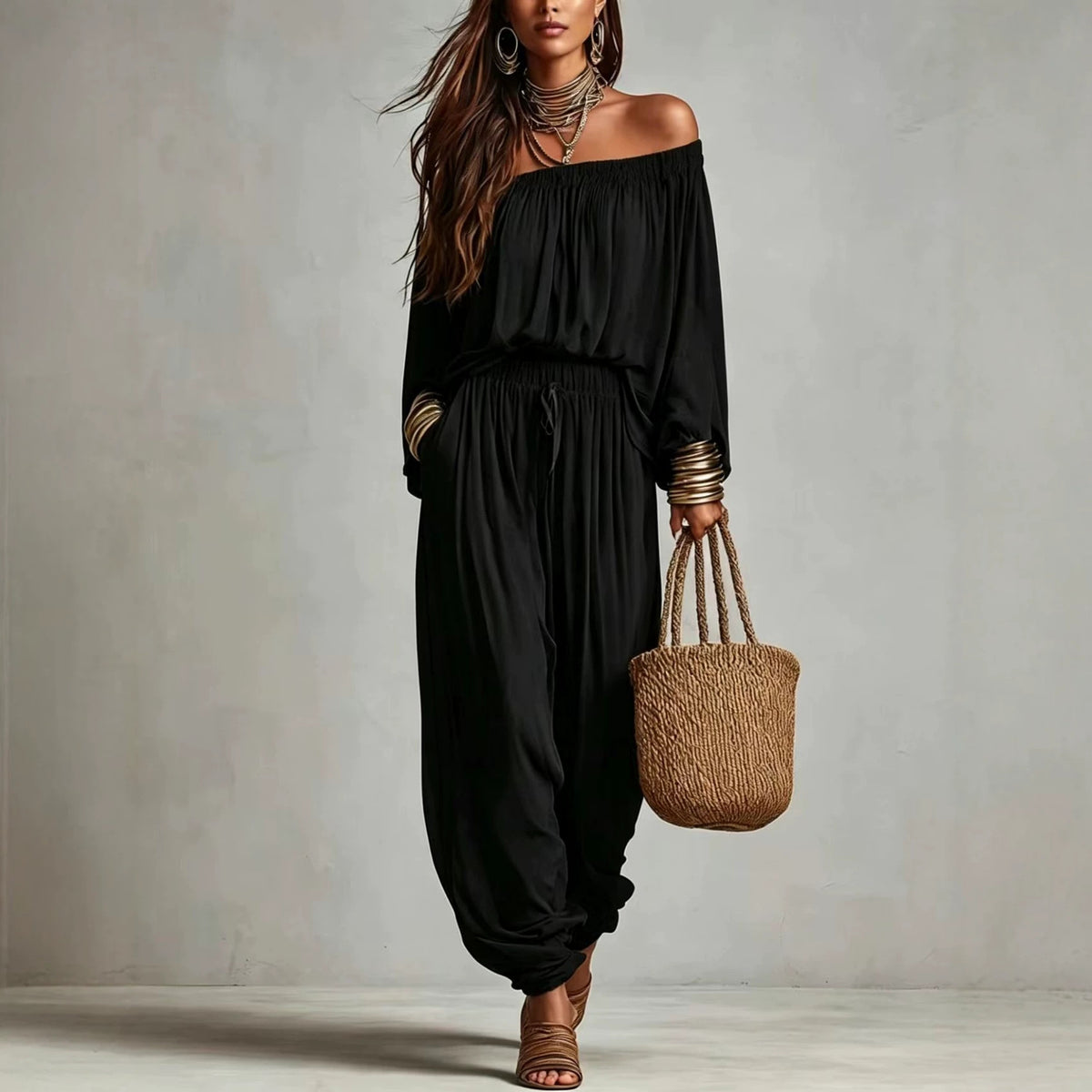 Womens Fashionable Off-shoulder Top And Wide-leg Pants Set by Ricaloux