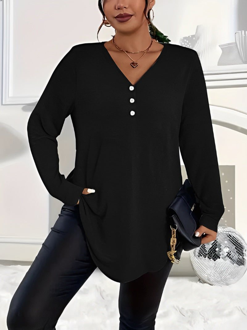 Womens Plus-Size Solid-Color Long-Sleeve Top With Buttons – Premium 0 | RICALOUX