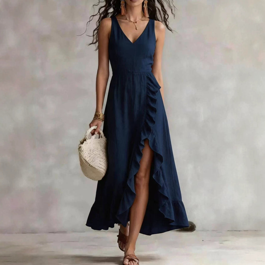Womens V-neck Sleeveless Flounced Hem Split Dress - RICALOUX