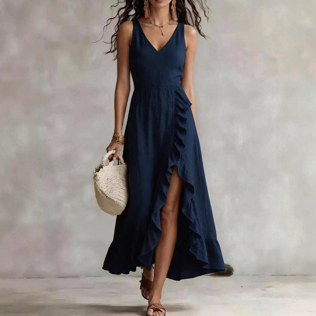 Womens V-neck Sleeveless Flounced Hem Split Dress - RICALOUX