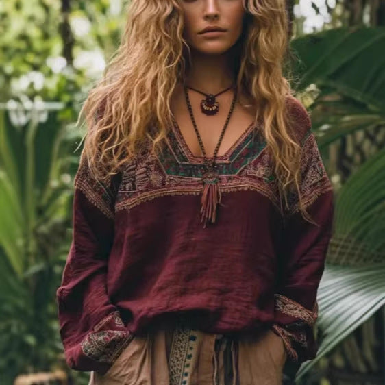 Ethnic-style Casual V-neck Long-sleeve Blouse by Ricaloux