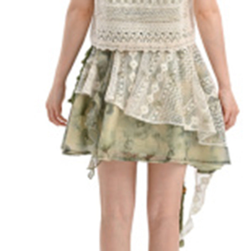 Summer New Irregular Sweet Tie-Dye Print Lace-Patchwork Skirt by Ricaloux
