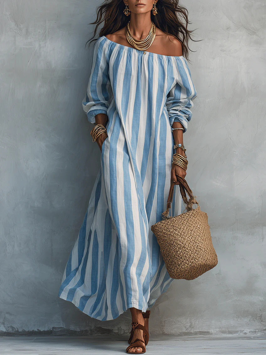 Striped Off Shoulder Vacation Dress by Ricaloux