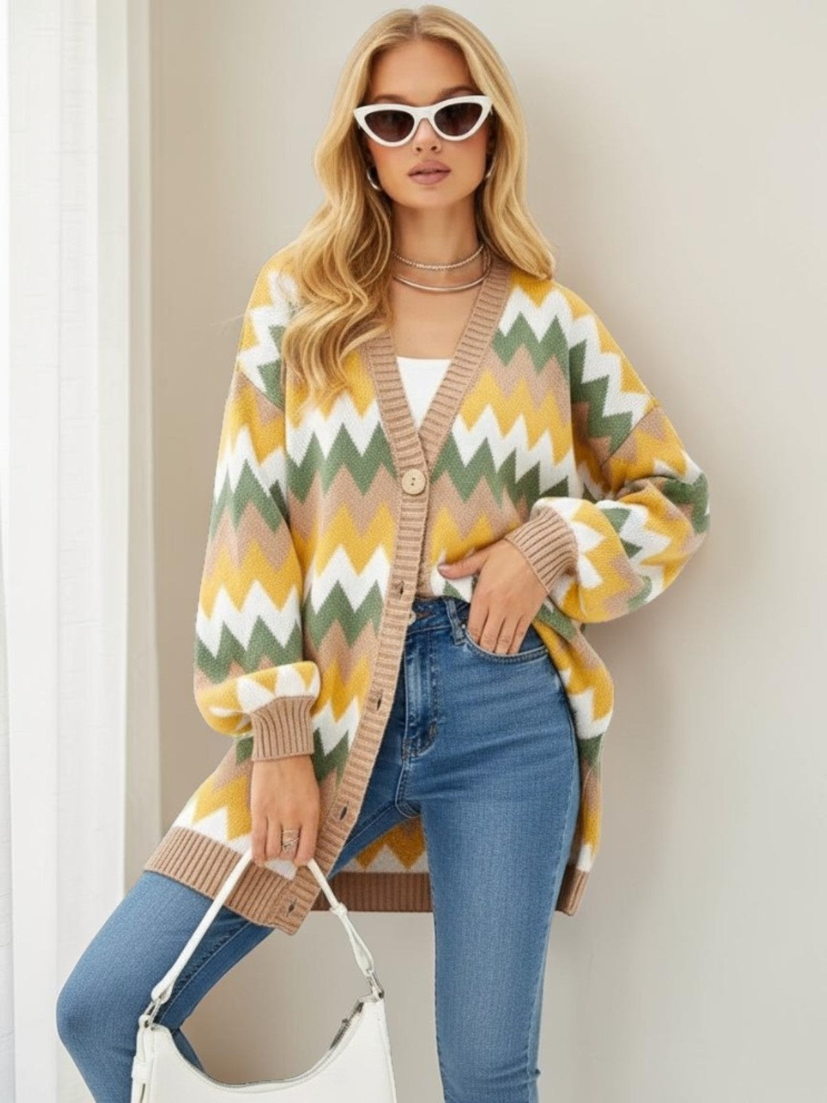 Loose-fitting Color-block Knit Cardigan Jacket by Ricaloux
