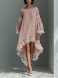 Sweet Girly-style Loungewear Long-sleeve Solid-color Cotton Pajama Dress by Ricaloux