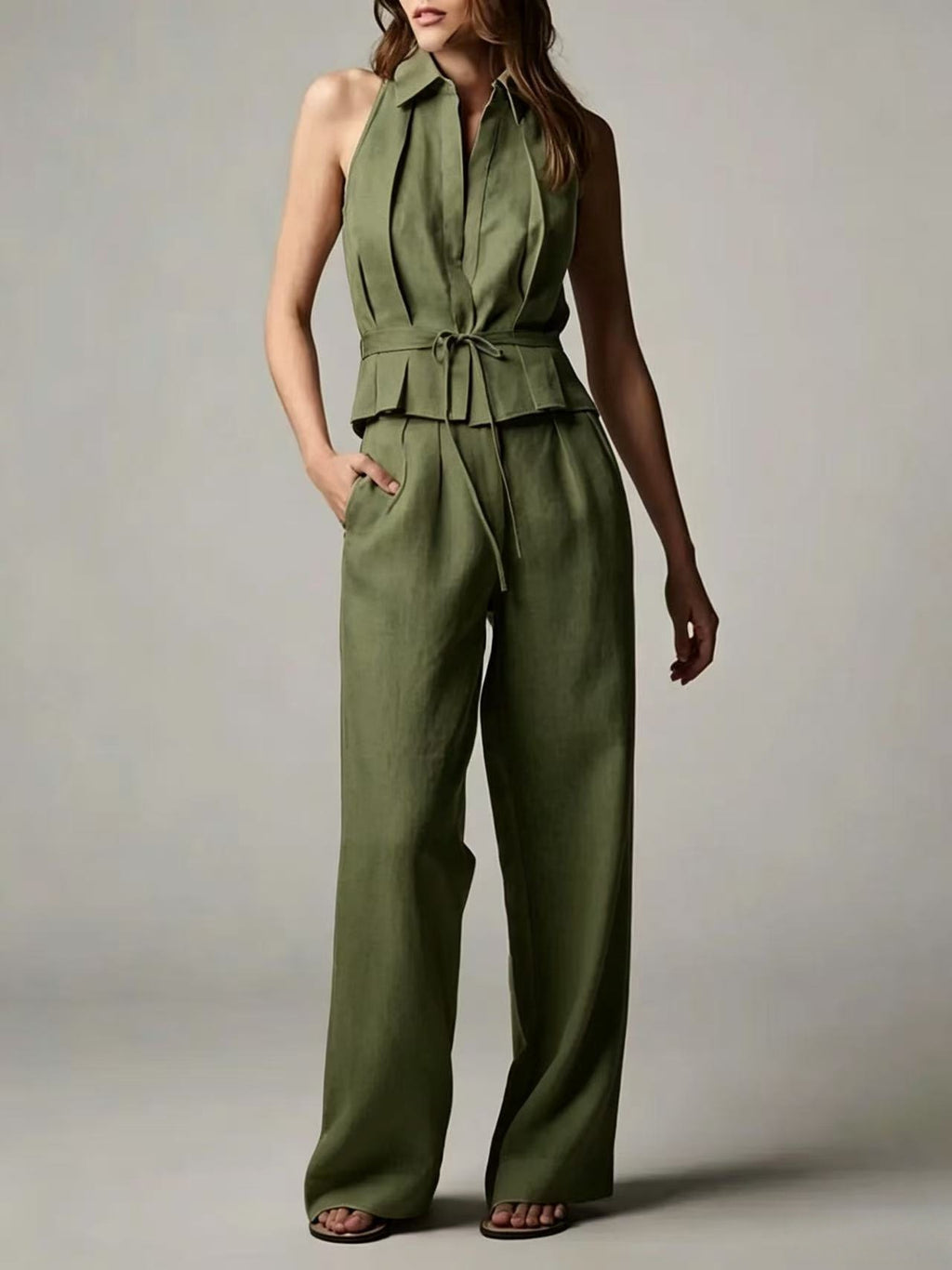 Cotton-linen Sleeveless Lapel Top With A Simple Straight-leg Pants Set by Ricaloux