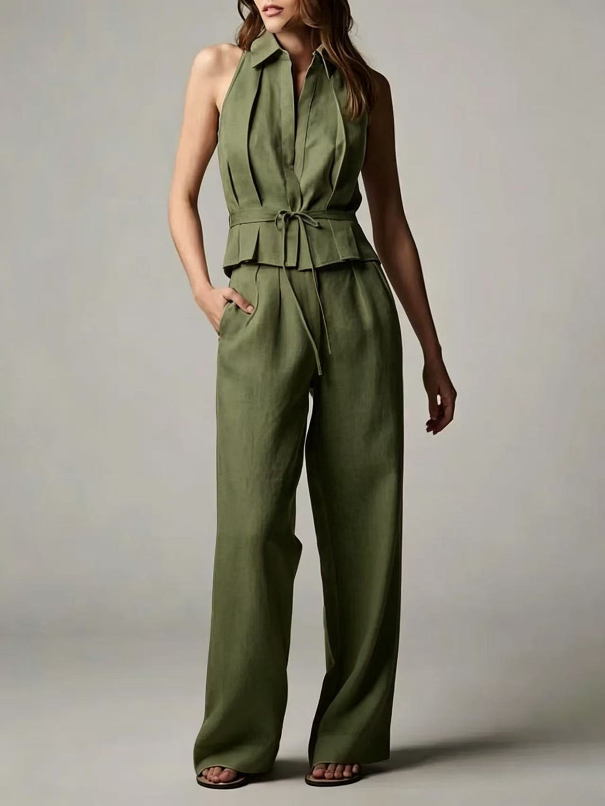 Cotton-linen Sleeveless Lapel Top With A Simple Straight-leg Pants Set by Ricaloux