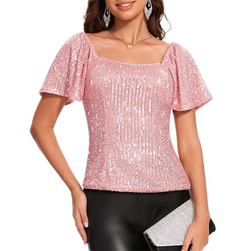 Womens Fashionable Square-neck Short-sleeve Sequin Puffed Sleeves – Premium 0 | RICALOUX