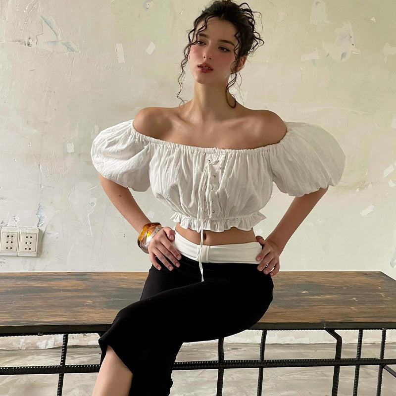Street Girl Style One-shoulder Pleated Bubble Short-sleeved Shirt by Ricaloux