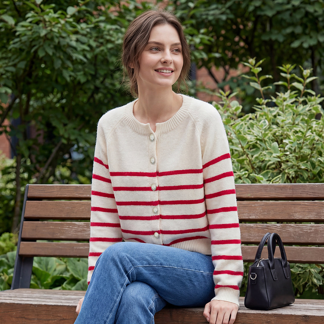 Women's Striped Knit Cardigan Red White Crewneck Button Up Sweater Coat Casual Long Sleeve Knitwear by Ricaloux