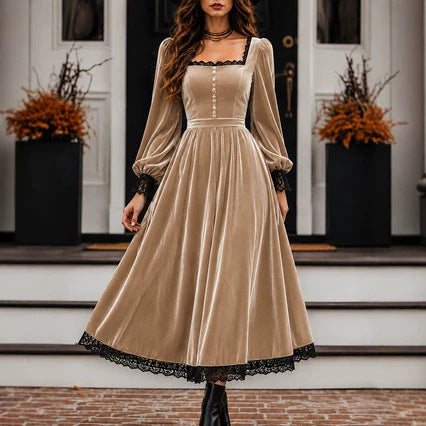 Square-neck Lace-panel Velvet Dress – Premium 0 | RICALOUX
