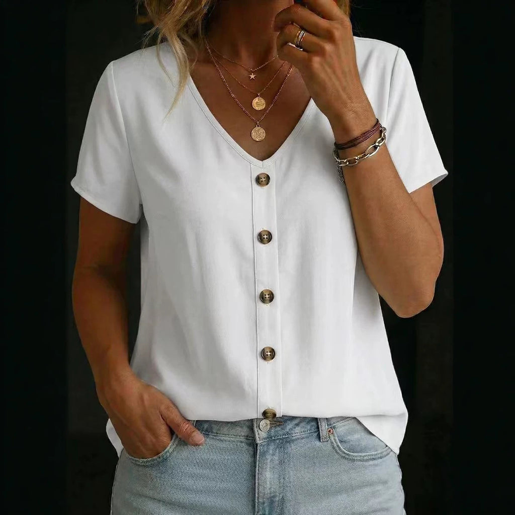 Solid-color Short-sleeve Crew-neck T-shirt Top by Ricaloux