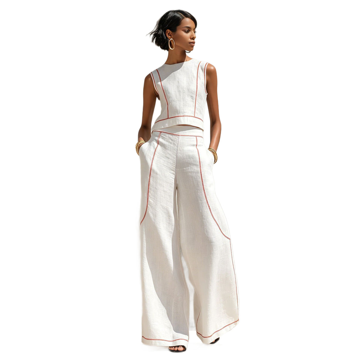 Sleeveless Color-Block Wide-Leg Pants Set Womens Summer Casual Chic Two-Piece Outfit by Ricaloux