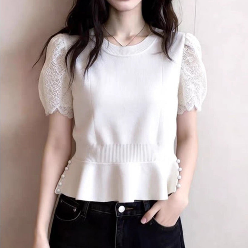 Fashionable And Elegant Patchwork Lace Short-sleeve Knit Top – Premium 0 | RICALOUX