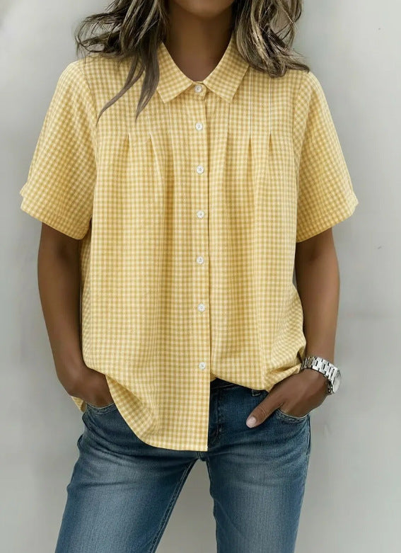Womens Relaxed-fit Casual Lapel-neck Plaid Short-sleeve Shirt by Ricaloux