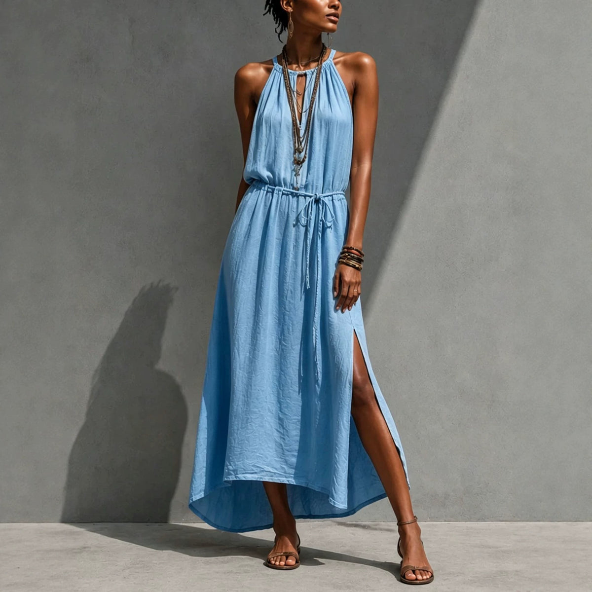 Backless Lace-up Slit Maxi Loose-fitting Dress by Ricaloux
