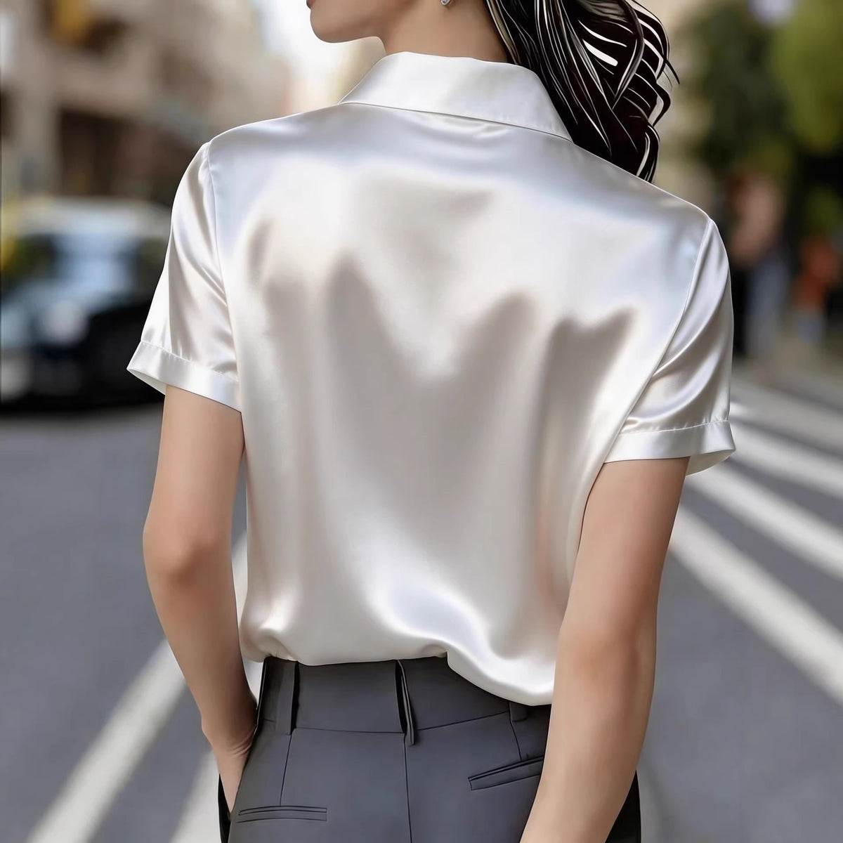 Elegant, Sophisticated Satin Short-sleeve Blouse With Double Pockets – Premium 0 | RICALOUX