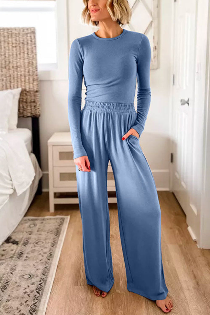 Womens Fashionable Two-Piece Long-Sleeve Wide-Leg Casual Set by Ricaloux