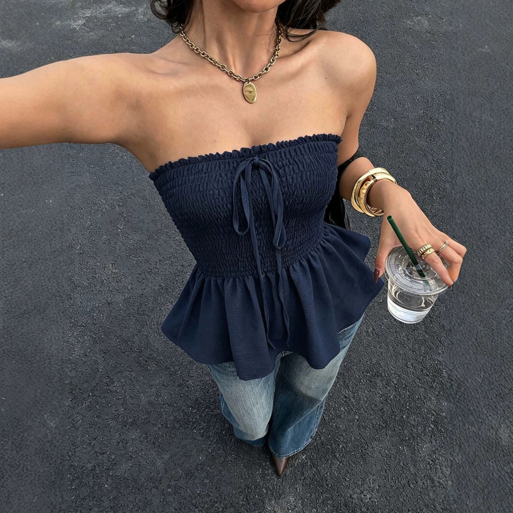 Womens Waist-cinching Ruffled-hem Strapless Resort-style Tank Top by Ricaloux