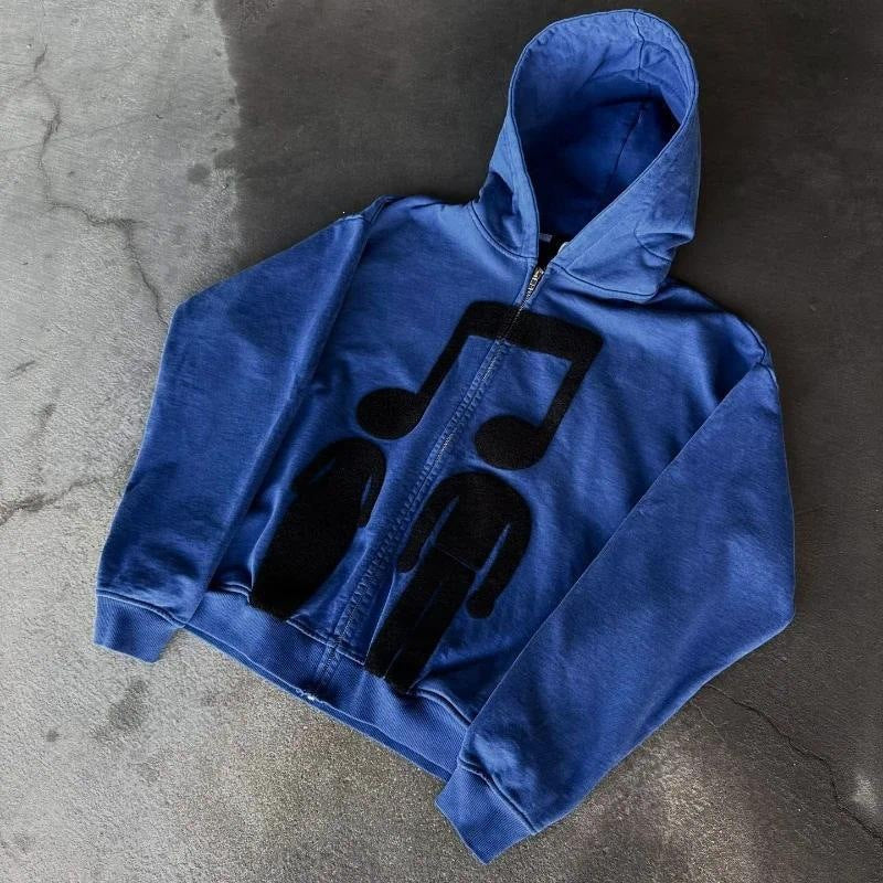Printed Zip-Up Hoodie Loose-Fit Sweatshirt by Ricaloux